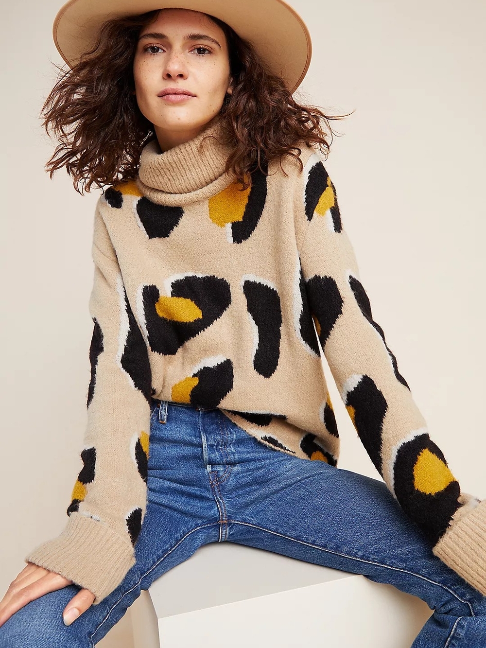 Moth Oversized Leopard Print Fuzzy Turtleneck Sweater